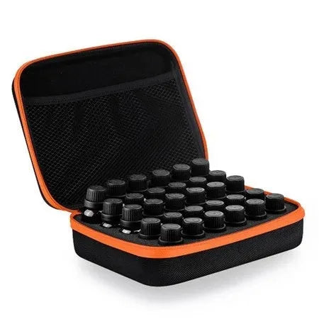 Red EVA essential oil storage bag with 30 compartments for 15ml bottles, cube shape with zipper