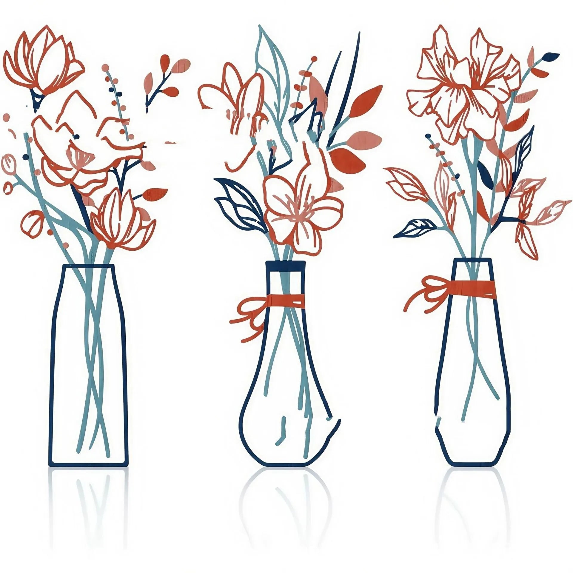 Set of three metal flower wall art pieces with colour vase designs for farmhouse bathroom decoration