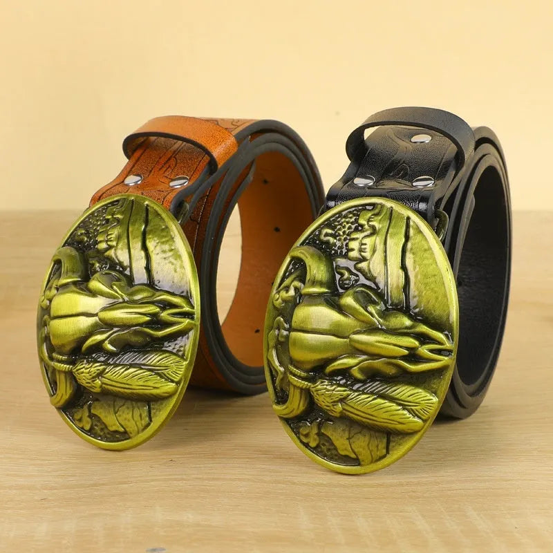 Men's belt with cow head alloy buckle in imitation leather with pin buckle fastening