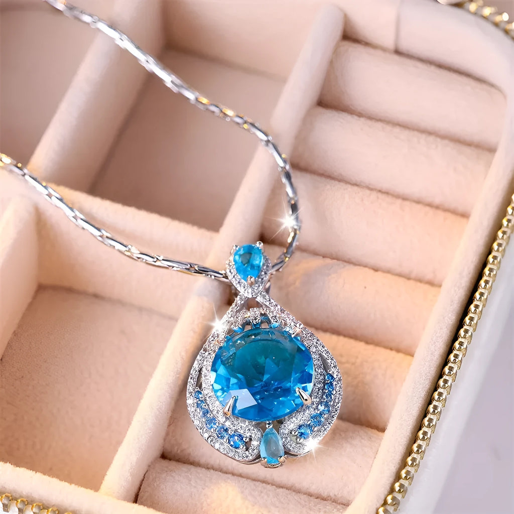 Blue fireworks cut crystal pendant necklace with water wave chain
