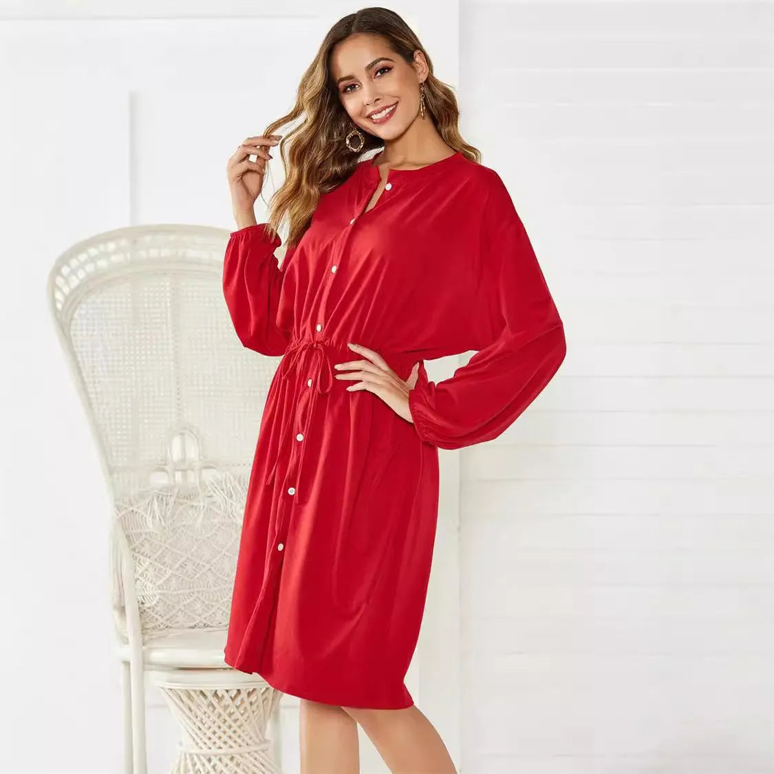 Elastic waist short dress with long sleeves and belt in solid black or red polyester A-line style