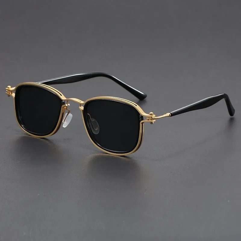 Retro square frame sunglasses in plastic and metal with AC lenses shown in a choice of six colours.