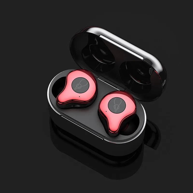 Wireless Bluetooth TWS earbuds in a charging case, showing colour options: Coffee, Coppery, Grey, Purple, Red, Silver.