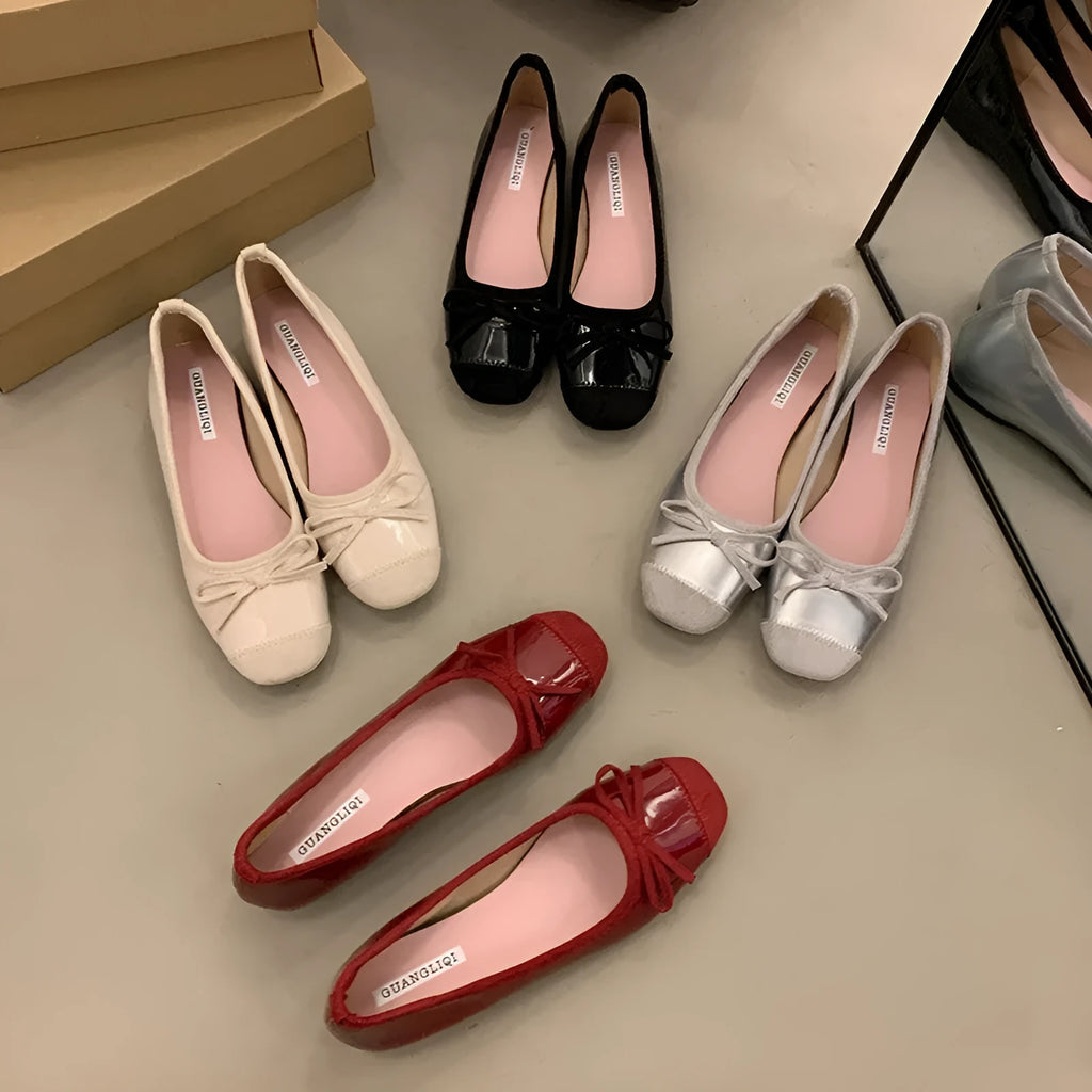 Women's wine red Mary Jane flat shoes with bow detail and square toe