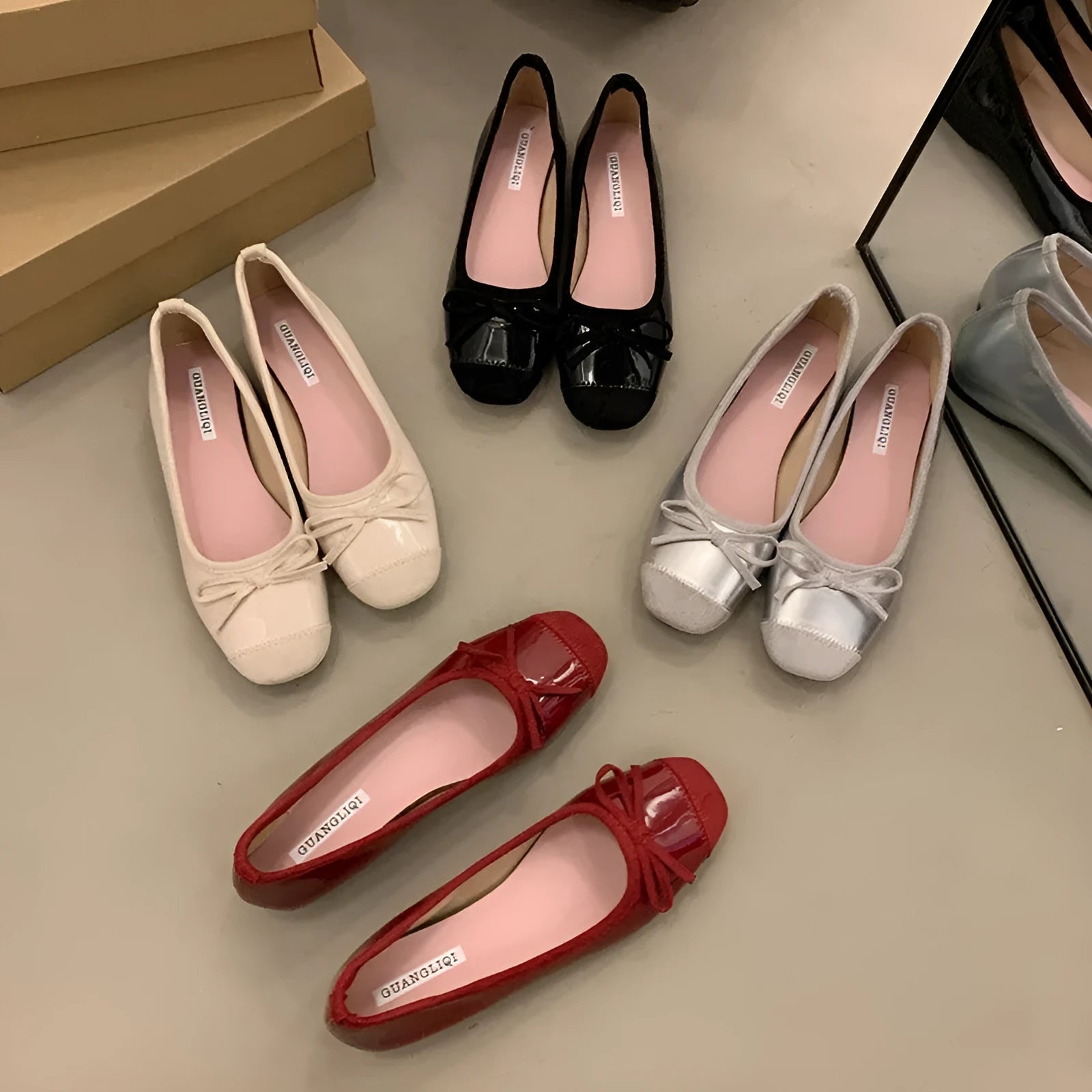 Women's wine red Mary Jane flat shoes with bow detail and square toe