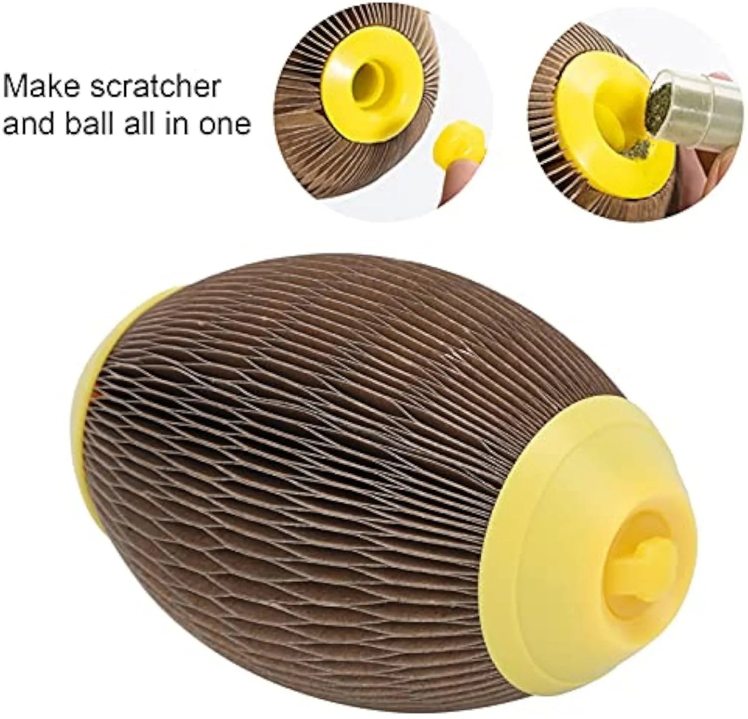 Ellipse-shaped corrugated paper catnip ball scratch toy for cats on a plain background