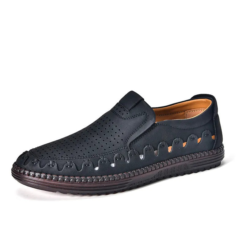 Men's brown slip-on casual shoes with round toe cap and hollowed-out sewing line detailing