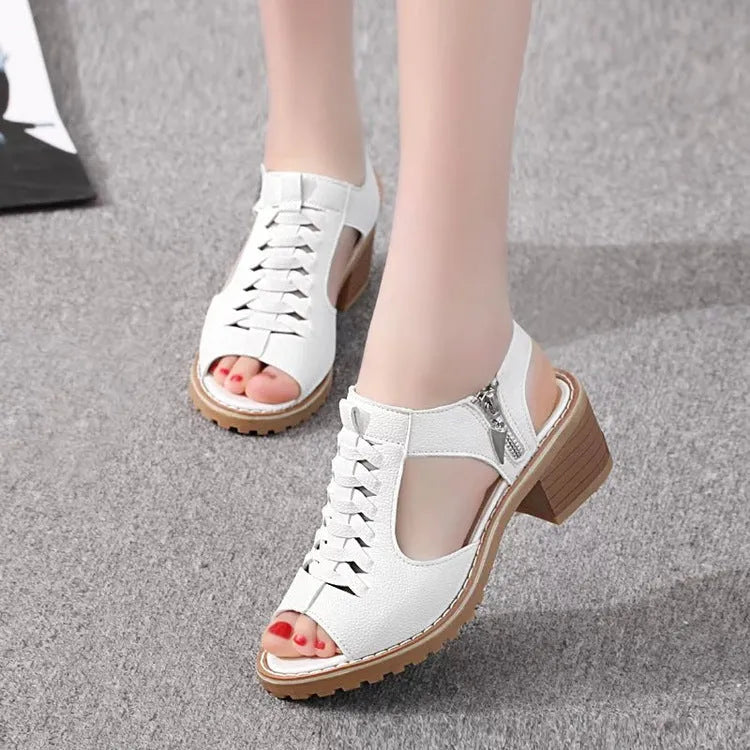 Women's retro sandals with side zipper and mid-height heel in pure colours