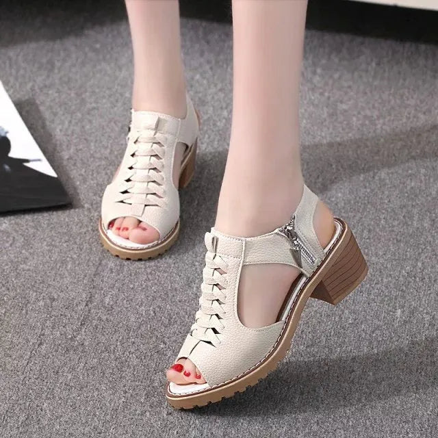 Women's retro sandals with side zipper and mid-height heel in pure colours