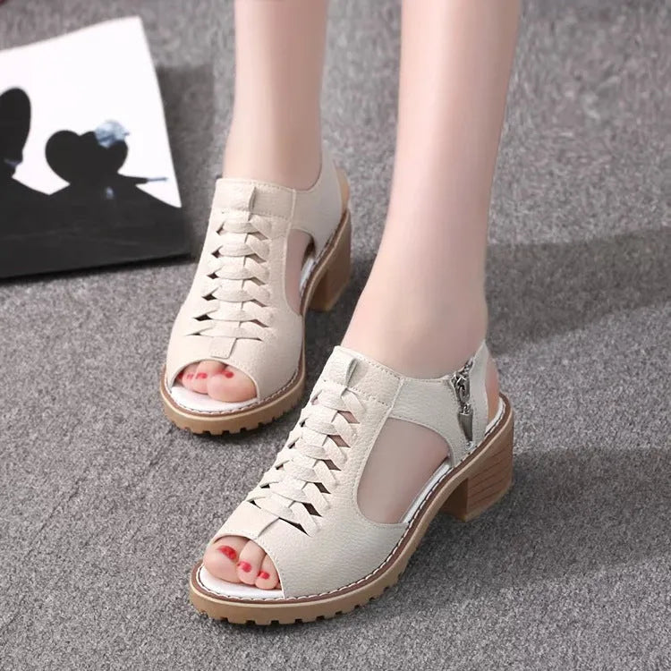 Women's retro sandals with side zipper and mid-height heel in pure colours