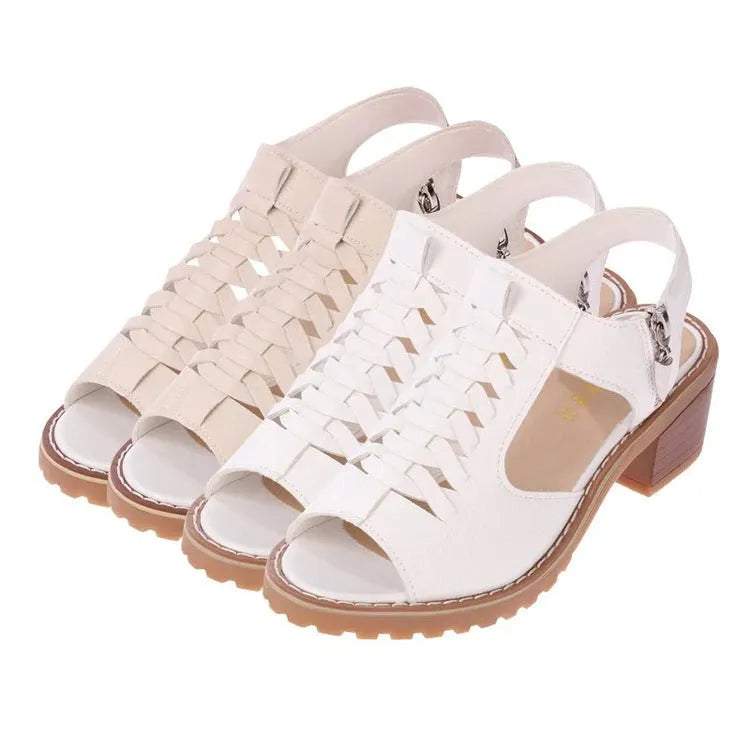 Women's retro sandals with side zipper and mid-height heel in pure colours