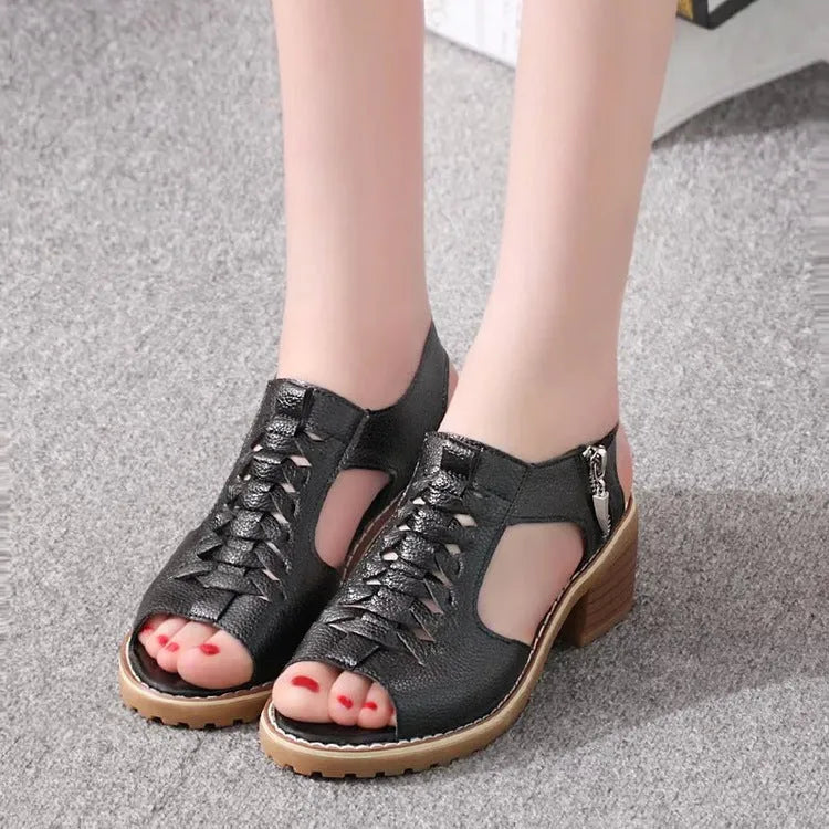 Women's retro sandals with side zipper and mid-height heel in pure colours
