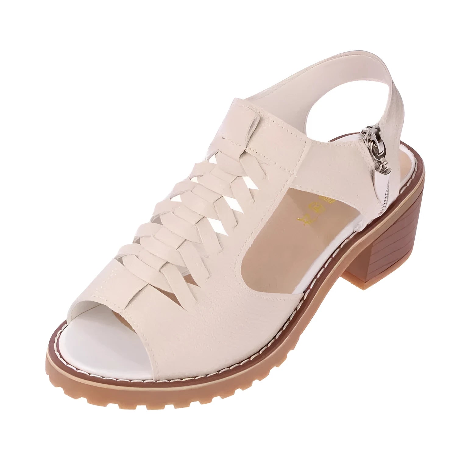 Women's retro sandals with side zipper and mid-height heel in pure colours