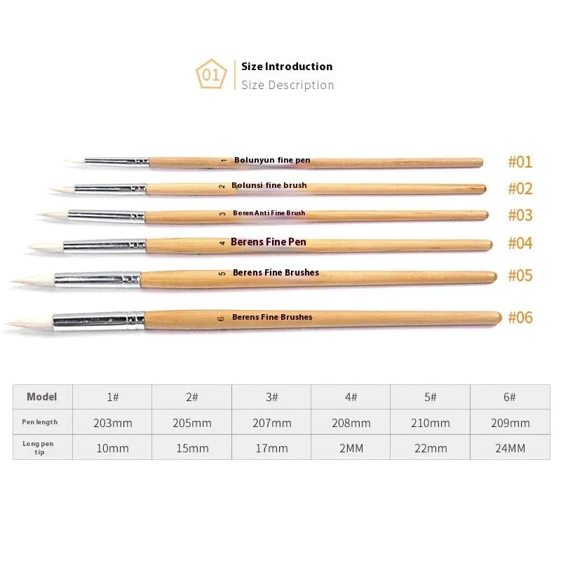 Six wooden pen brushes with pointed wool brush heads arranged as an artistic tool set