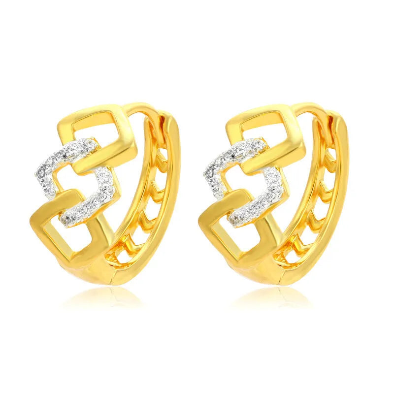 Gold geometric hollow-out clip earrings with colour separation design on alloy metal