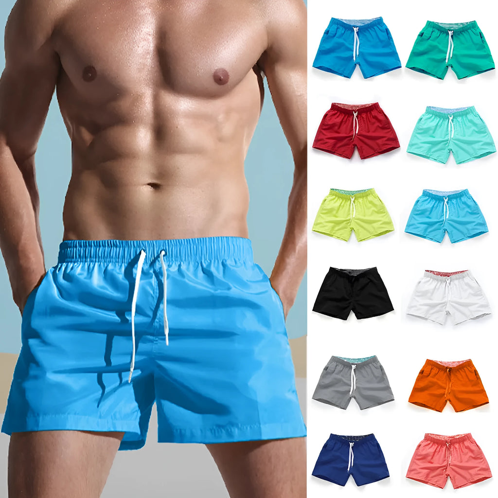 Men's straight-leg beach shorts in polyester fabric, shown in multiple colours and plus sizes.
