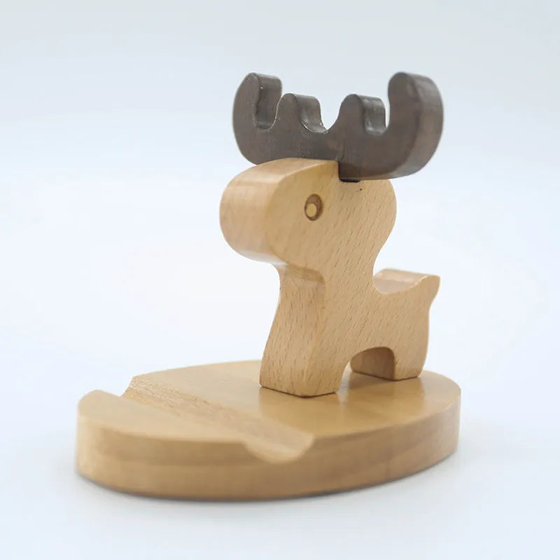 Resin mobile phone holder with beech wood animal design and coin storage compartment