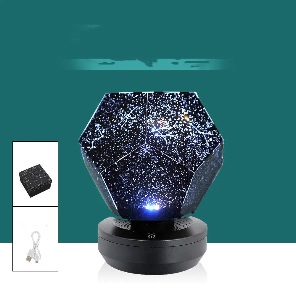 LED star projector night light showing constellation projection on a bedroom ceiling