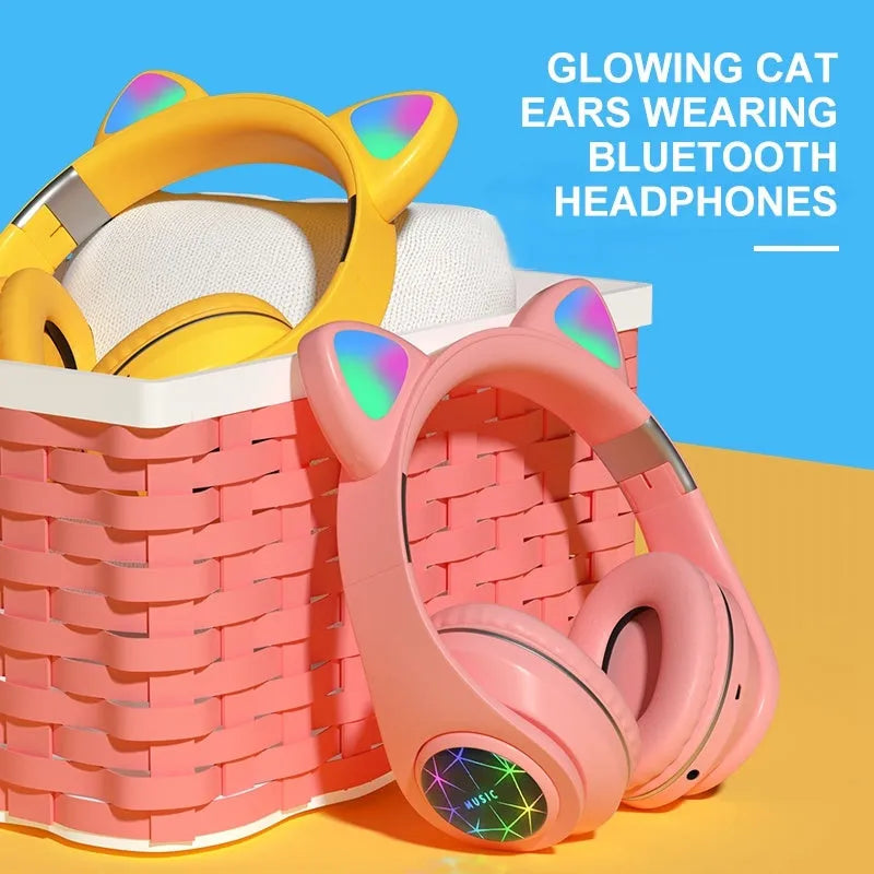Cat ear wireless sports Bluetooth headphones in multiple colours showing head-mounted design