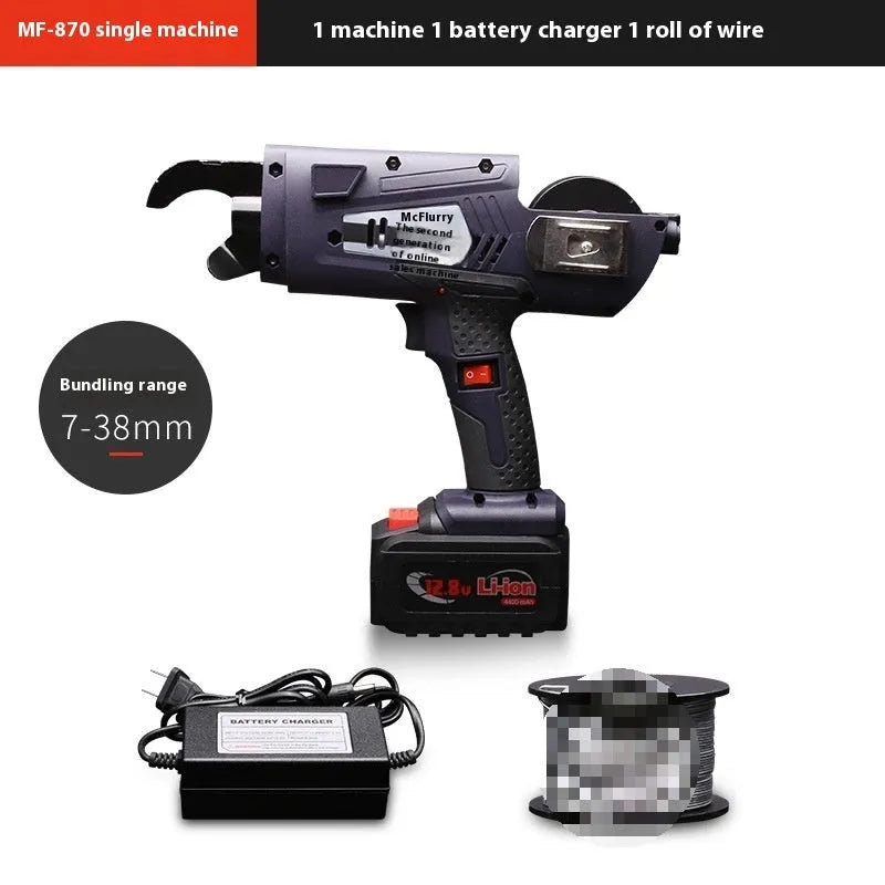 Fully automatic electric steel bar tying machine with battery on a construction site.