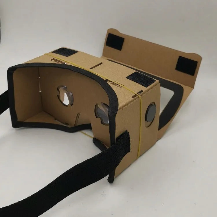 Pink cardboard VR glasses with rubber head strap and 3D lenses for smartphones