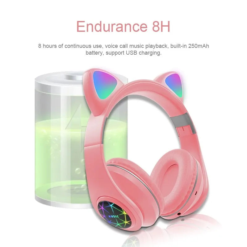Cat ear wireless sports Bluetooth headphones in multiple colours showing head-mounted design