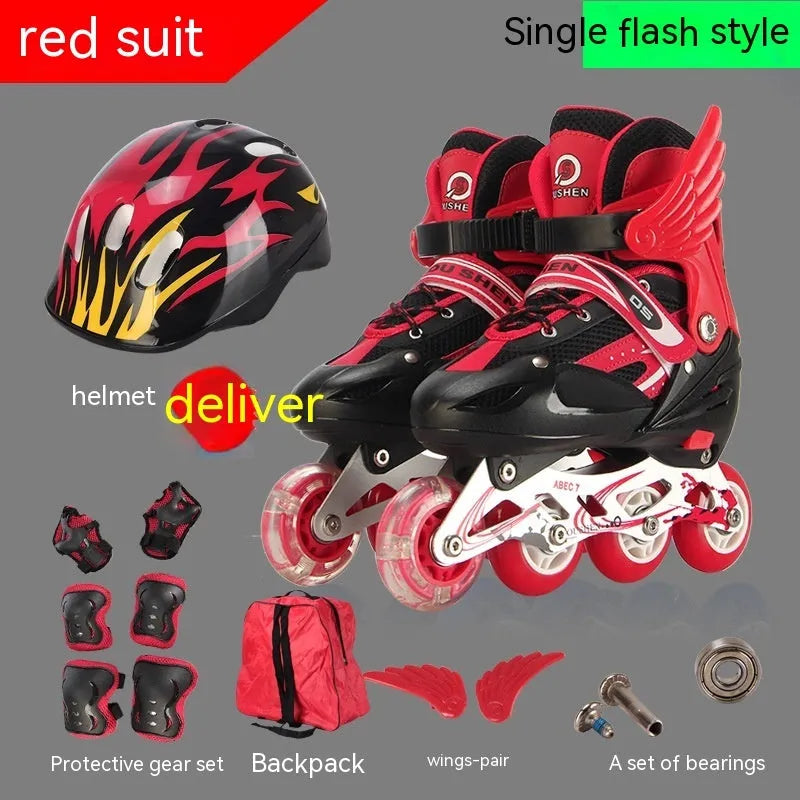 Adjustable children's inline skates with aluminium bracket in five colours including protective gear set