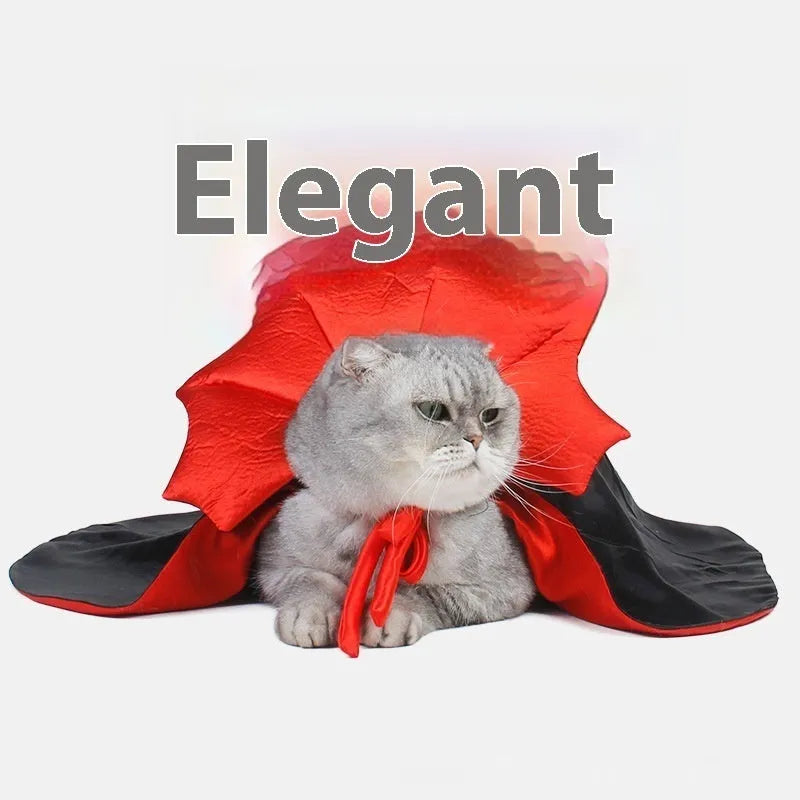 Black and red polyester Halloween costume for a cat or dog on a hanger.