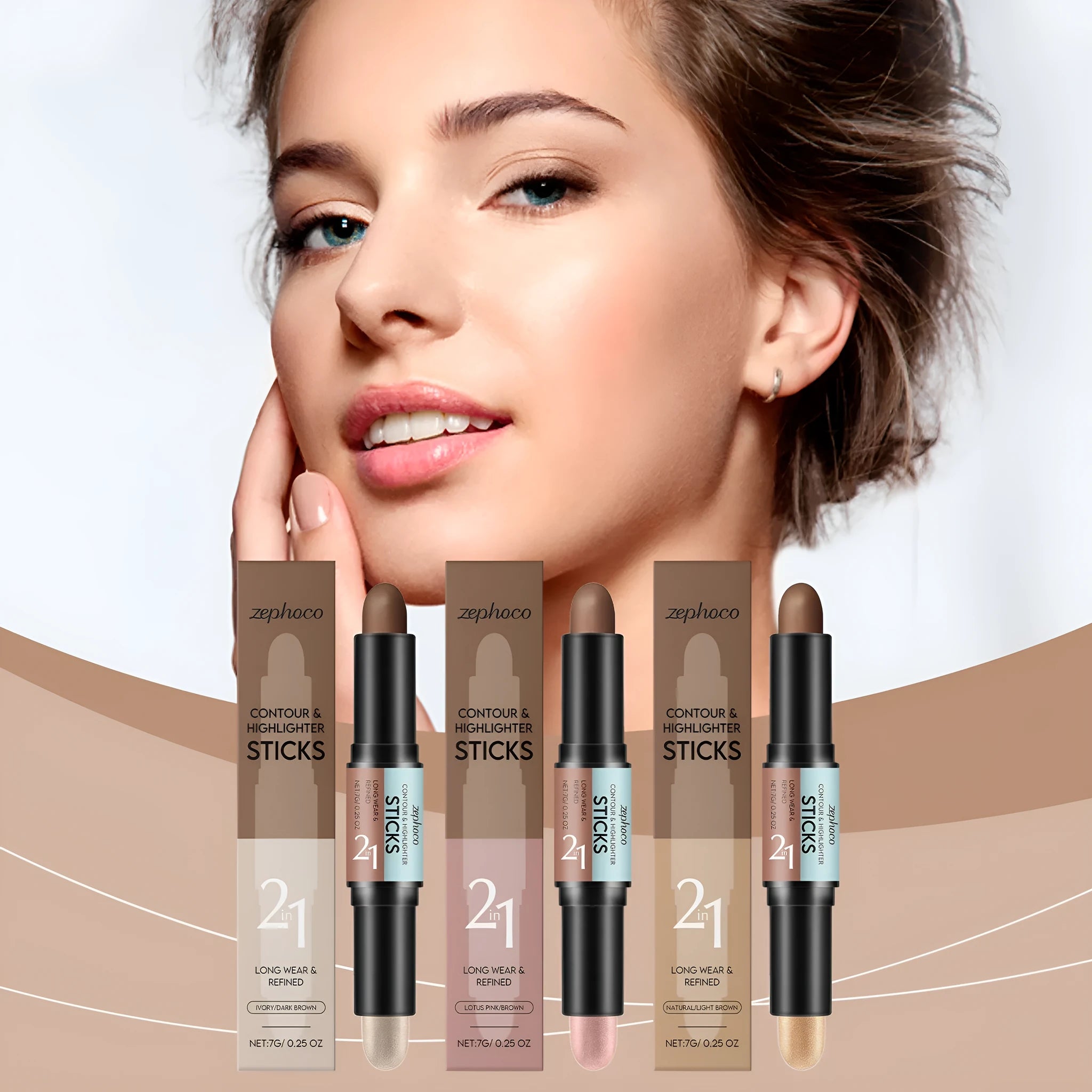 2-in-1 dual-ended eyebrow highlighter pencil with brush, shown in natural light brown shade.