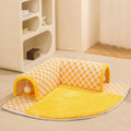 XL fan-shaped plush pet bed tunnel with a coffee plaid pattern and anti-slip base.