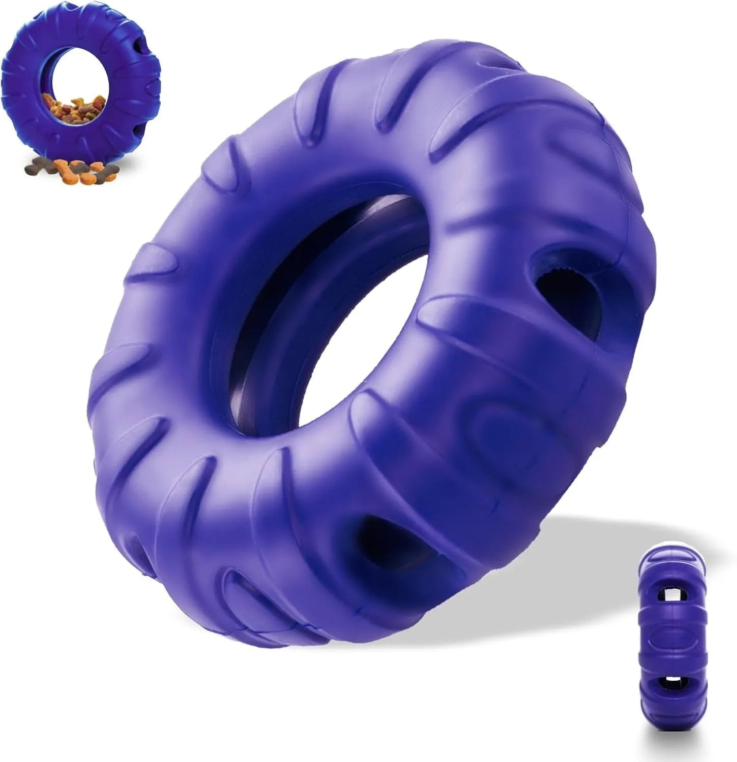 Blue rubber tyre-shaped dog chew toy with oval openings for treat dispensing