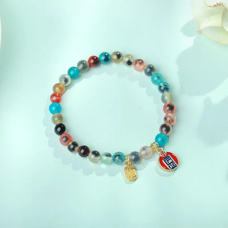 Natural colourful sugar heart agate bracelet with traditional Chinese symbols and copper coin elements on snake chain