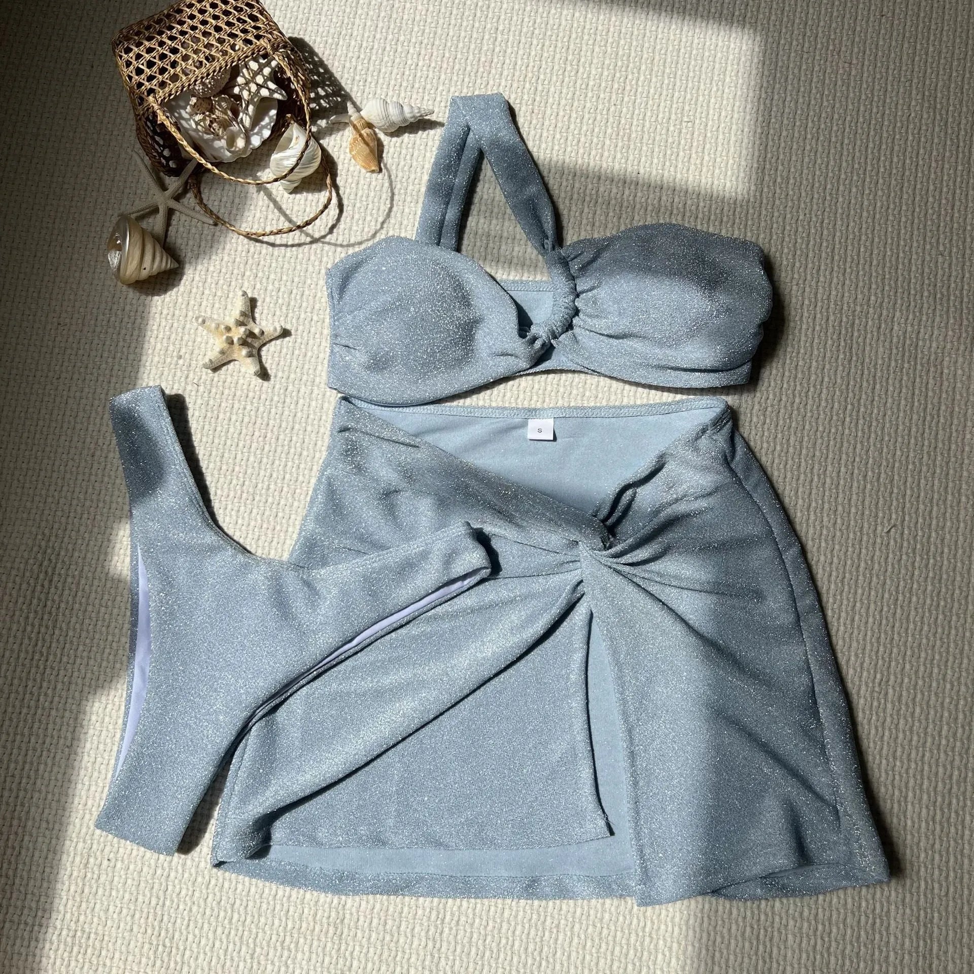 Women's one-shoulder tube top three-piece swimsuit set in glossy polyester with matching skirt