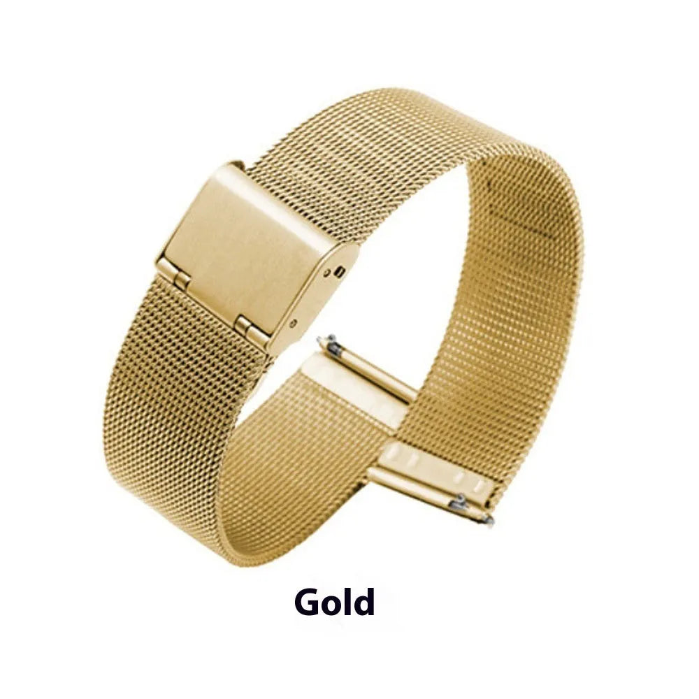 Milani silk woven stainless steel watch band in silver, black, rose gold and gold colours showing texture.