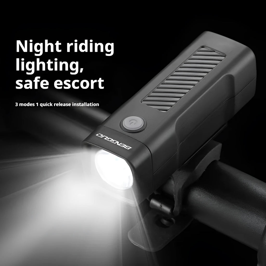Black USB rechargeable bicycle headlight with quick-release strap mount