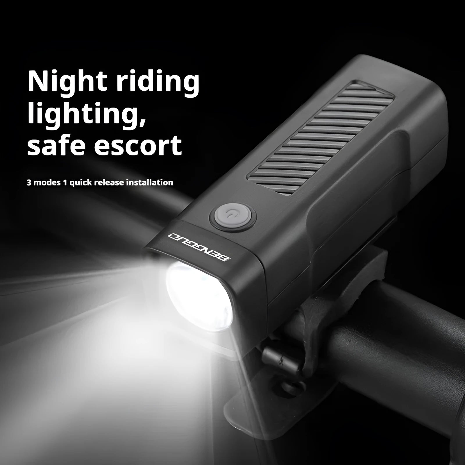 Black USB rechargeable bicycle headlight with quick-release strap mount