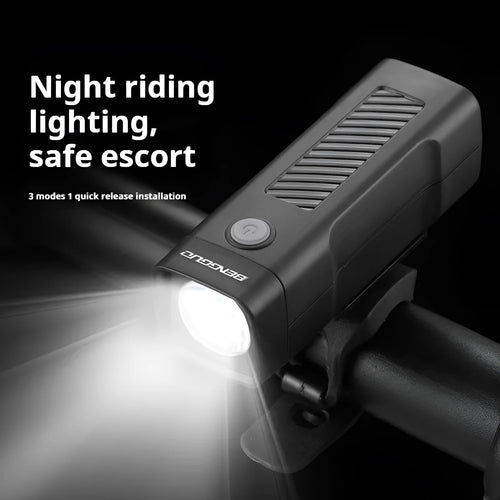 Black USB rechargeable bicycle headlight with quick-release strap mount