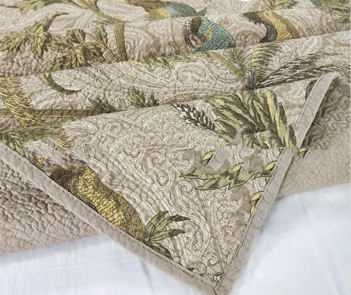 Blue American folk style cotton bedspread with floral bird pattern, three-piece set