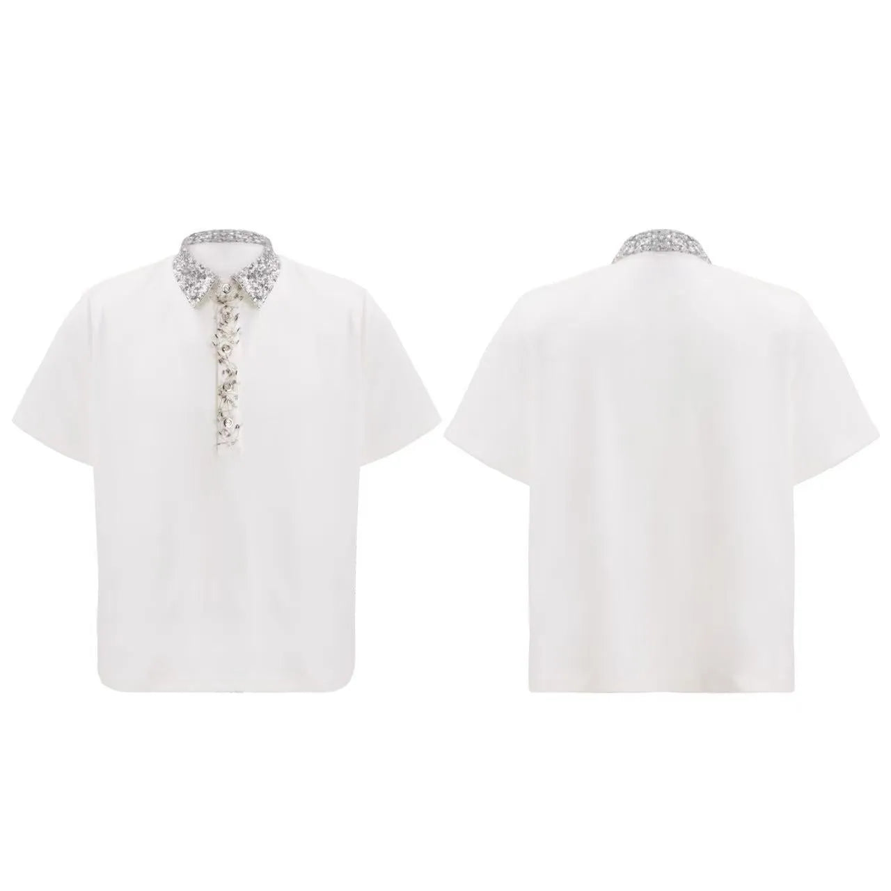 Men's loose fit polo t-shirt with embroidery and sequins on square collar and short sleeves