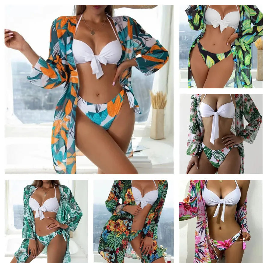 Women's three-piece mesh split bikini swimsuit set with long-sleeve coat in quick-drying polyester fabric