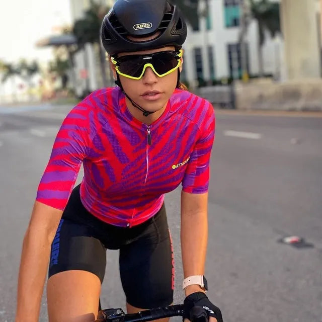 Attaquer Women's All Day Kaleidoscope Cycling Jersey and Pants in a bold colour pattern.