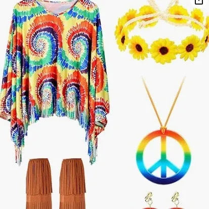 Tie dye cloak costume with bell sleeves in rainbow printed pattern spandex fabric