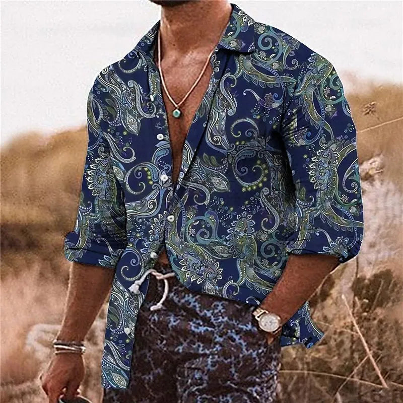 Men's loose-fit long sleeve shirt with a colourful 3D floral print pattern in polyester fabric.