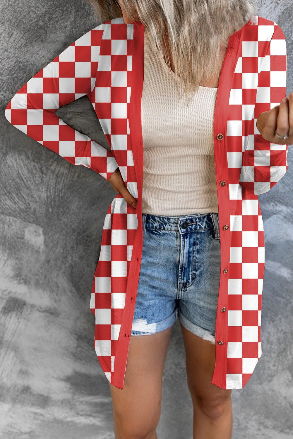 Women's long loose knitted cardigan coat with plaid contrast color pattern in street fashion style