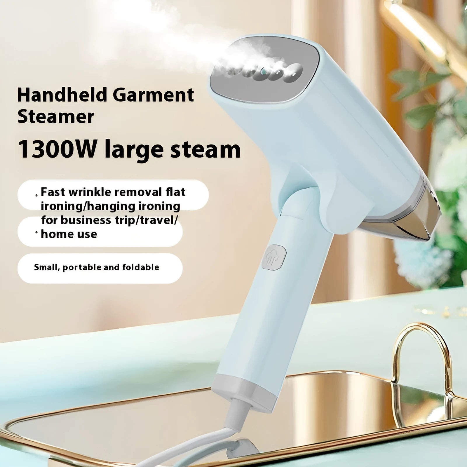 Blue and white handheld garment steamer with compact design and water tank for household clothes care