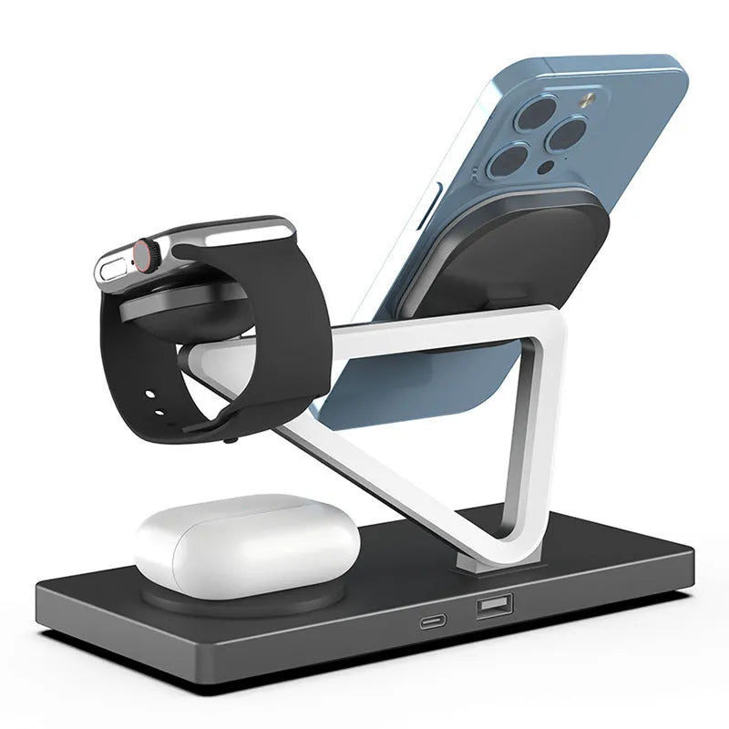 Five-in-one wireless charging night lamp in black showing magnetic phone bracket, circular charging base, and dedicated watch charging position