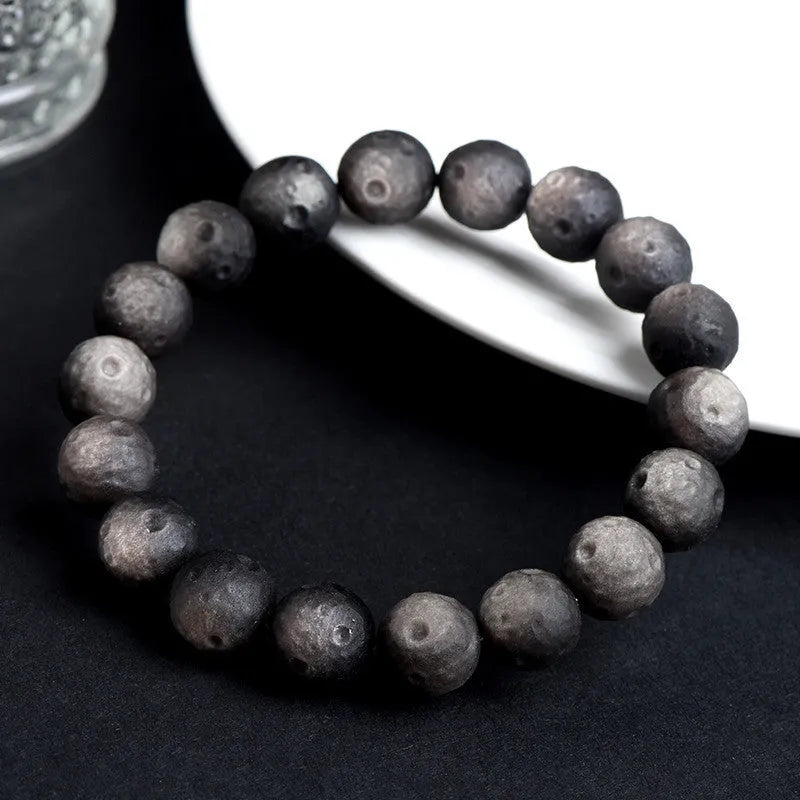 Natural obsidian crater ball bracelet with stone meteorite beads in silver or gold colour options