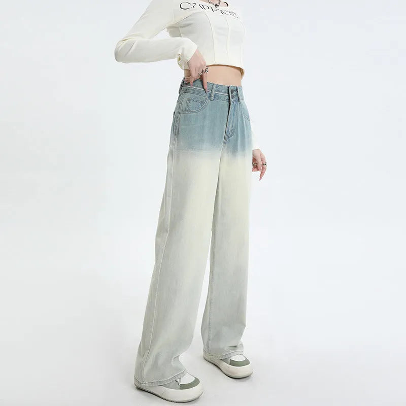 Gradient blue wide-leg straight-leg women's trousers in cotton denim fabric.
