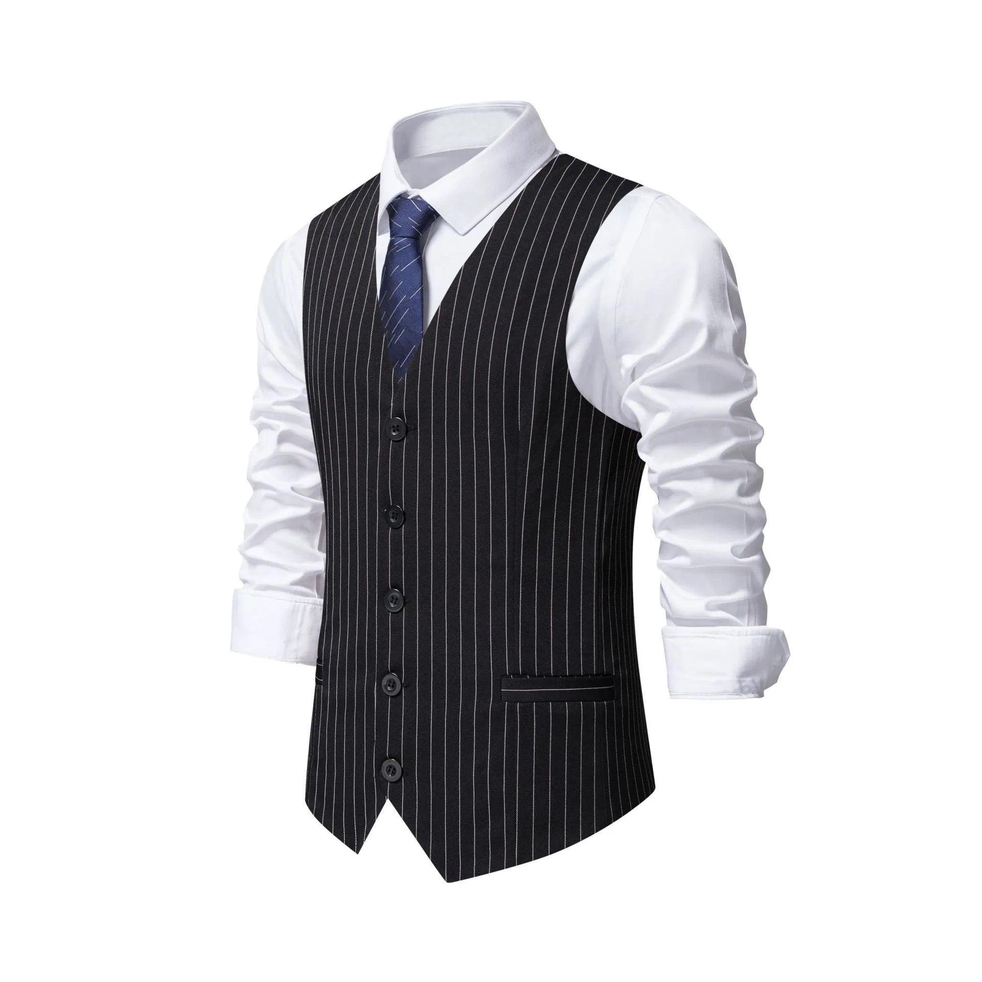 Men's striped formal vest with miter hem and embedded-line pockets in polyester