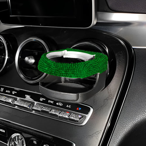 Rhinestone-decorated car cup holder bracket mounted on vehicle air vent in multiple colour options